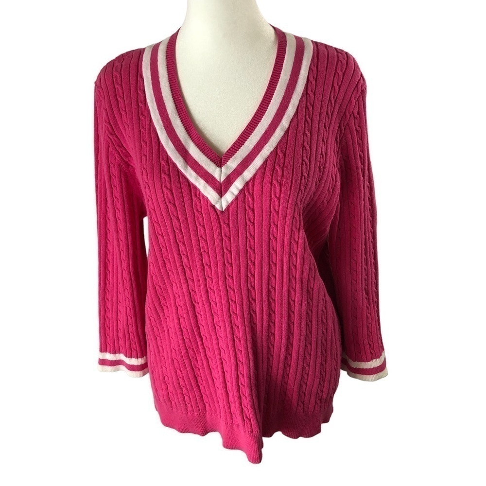 Chaps Classic Cotton Tennis Sweater Women XL Pink White VNeck Long Sleeves